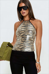Sequin Tiger Print Tie Neck Halter Top