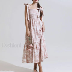Bow-Strap Floral Smocked Midi Dress