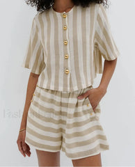 Loose Stripe Shirt Shorts Two Piece Set