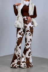 Brown Cow Print High Waist Long Flared Pants