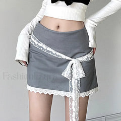 Lace Tie-Up Korean Preppy Skirt