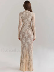 Lace Print Long Sleeve Maxi Dress