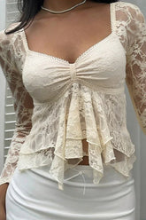 Sheer Lace Backless Flounce Hem Blouse