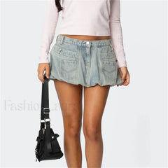 Washed Jean Bubble Pocket Skirt