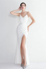 Long Satin Slit Halter Sheath Formal Dress
