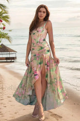 Floral Print Strappy Irregular Split Spice Girl Waist-Cinched Maxi Dress