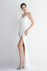 Long Satin Slit Halter Sheath Formal Dress