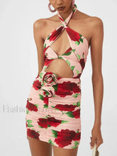Cut-Out Ruched Rose Floral Dress