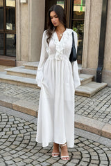 High Waist V Neck Long Sleeve Elegant Maxi Dress