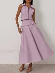 Sleeveless Collar Long Skirt Two Piece Set
