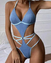 Blue Halter Hollow Cross Strapped One Piece