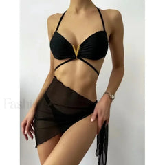 Black Sequined Halter Three Piece Set