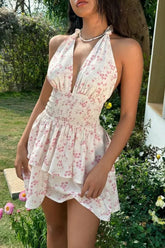 Double Layer Ruffle Strap Backless Mini Floral Dress