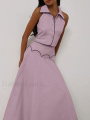 Sleeveless Collar Long Skirt Two Piece Set