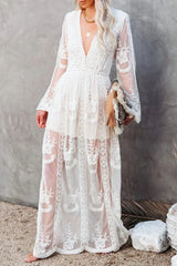 Embroidery V Neck Lace Maxi Boho Dress