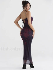 Purple Print Ruched Fishtail Maxi Dress