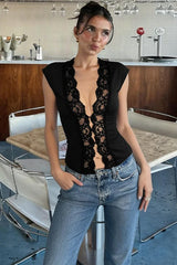 Lace Hollow Out Button Waist Cinched Sleeveless Blouse