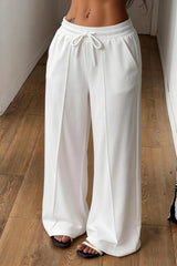 White Drawstring Wide Leg Relaxed Pants