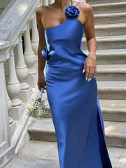 Satin Rose Decor Asymmetrical Modern Open Back Maxi Dress