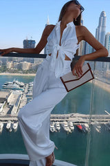 Satin Lapel Tie Front Top High Waist Pants Set