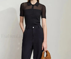 Ribbed Lapel Knitted T-Shirt