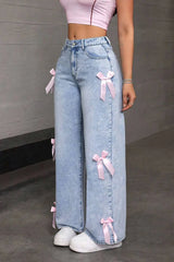 Y2K Bow Applique Washed Relaxed Jeans