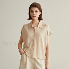 Linen Silk Polo Knitted Cardigan T-Shirt
