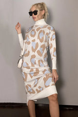 Leopard Print Turtleneck Sweater Dress