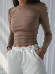 O Neck Long Sleeve Ribbed Cropped T-shirt