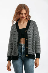Striped V-Neck Buttoned Knit Sweater