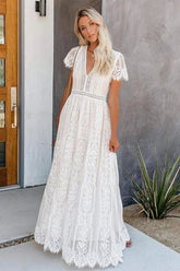 Lace V Neck Short Sleeve Hollow Out Boho Dress