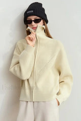 Minimalist Zipper Wool Ribbed Cardigan