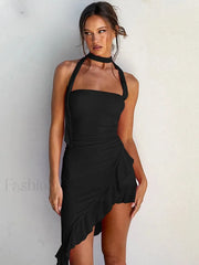 Asymmetrical Halter Lace Mini Dress