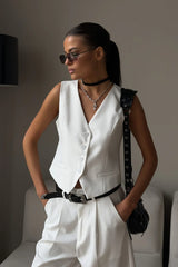 Casual V Neck Single Breasted Two Piece Vest Shorts Set
