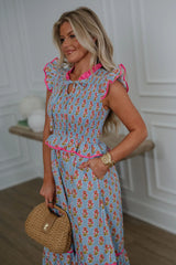 Floral Smocked Peplum Tiered Midi Dress-Blue