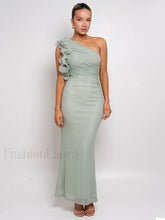 Mesh Ruched Oblique Maxi Dress