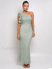 Mesh Ruched Oblique Maxi Dress