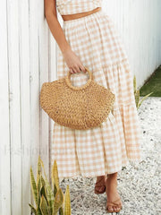 Gingham Patchwork Tiered Maxi Skirt