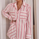 Fashion Striped Buttoned Shirt Shorts Pajamas Two Piece Set