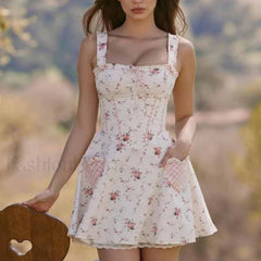 Floral Plaid Spliced Lace Sleeveless Mini Dress
