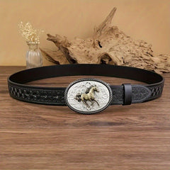 Vintage Horse Buckle Faux Leather Belt