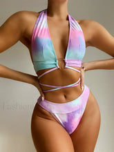 Print Bandage Halter Metal Ring Bikini Set