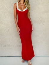 Flower Decor Red Spaghetti Maxi Dress