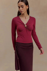Wine Red V Neck Bodycon Long Sleeve Tee