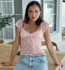 Sexy Cap Sleeve Lace Crop Top T-Shirt