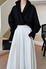 Structured Oversized Lapel V Neck White Blouse