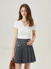V-Neck Slim Lace Patchwork Knit T-Shirt