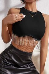 Rhinestone Fringe Trim Sleeveless Crop Top