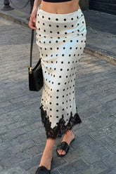 Satin Polka Dot Lace Bodycon Midi Skirt