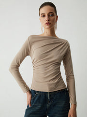 Oatmeal Ruched Graceful Long Sleeve Top